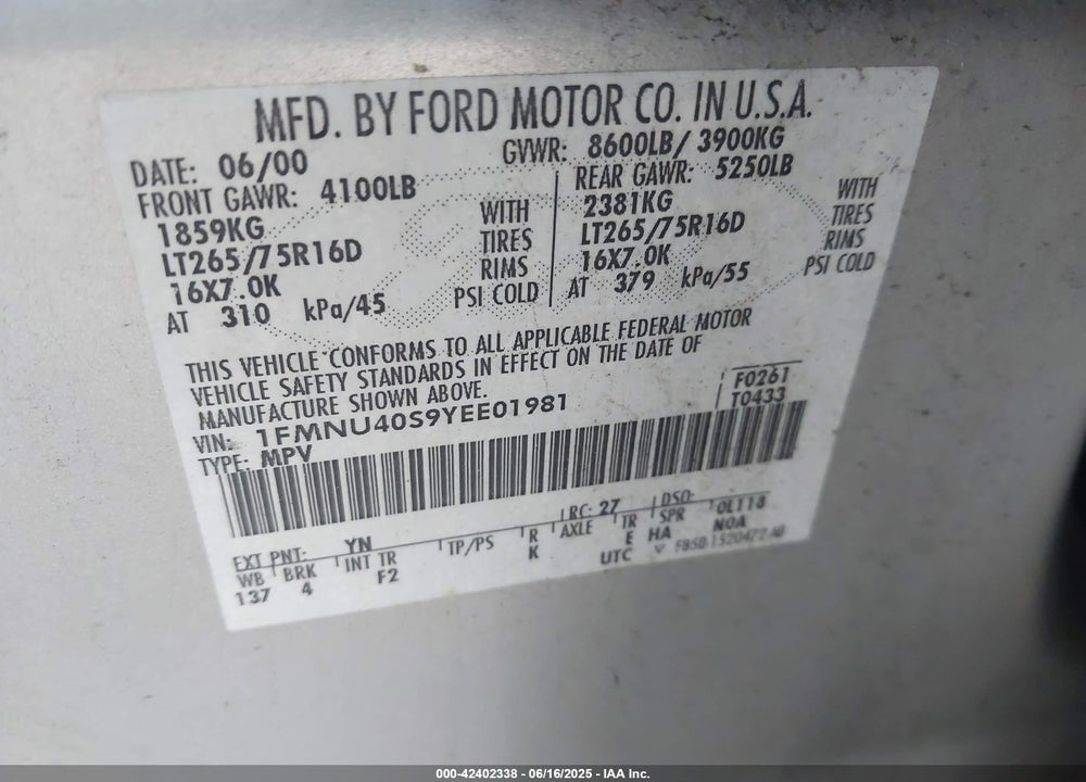 2000 FORD EXCURSION XLT VIN: 1FMNU40S9YEE01981