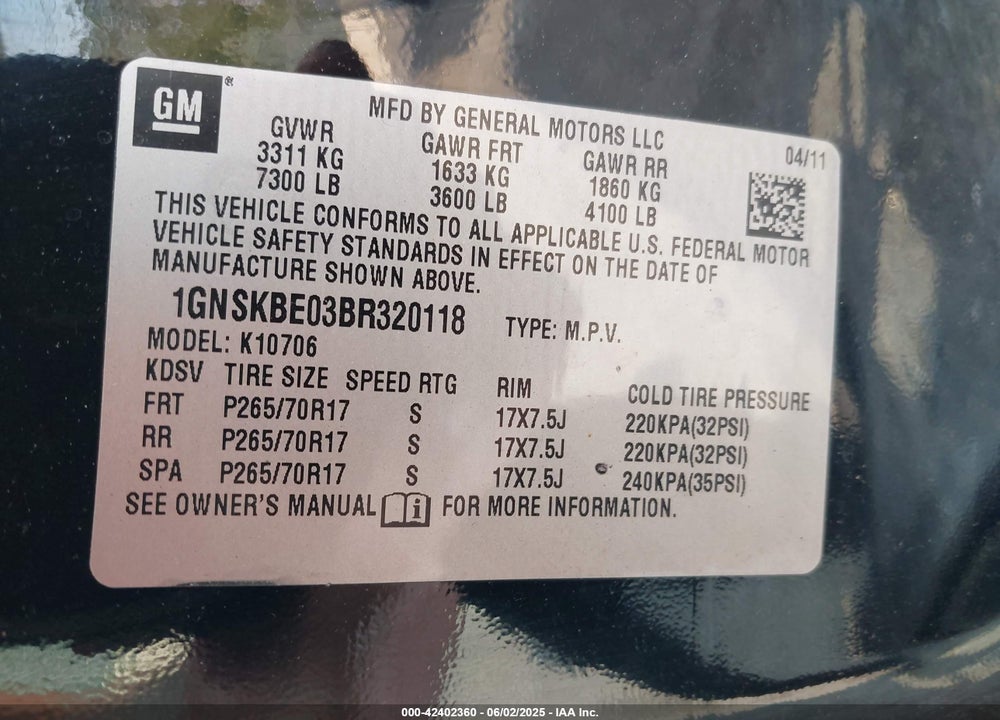 2011 CHEVROLET TAHOE VIN: 1GNSKBE03BR320118