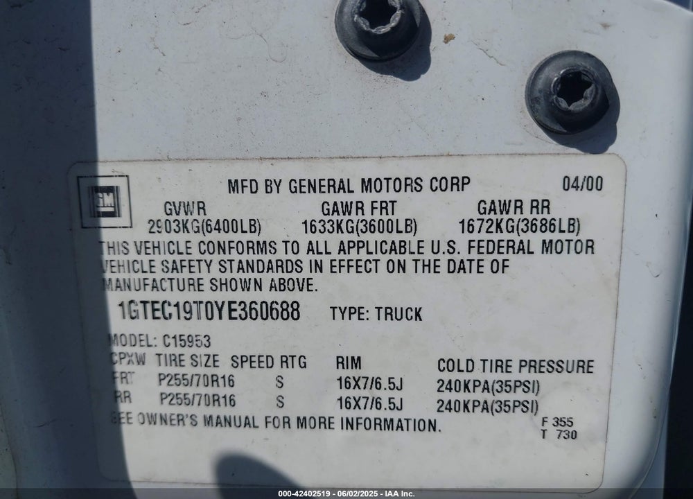 2000 GMC SIERRA 1500 SLE VIN: 1GTEC19T0YE360688