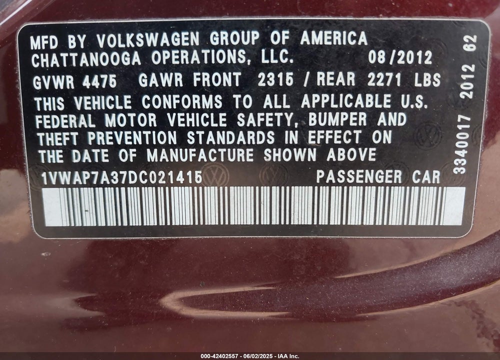 2013 VOLKSWAGEN PASSAT VIN: 1VWAP7A37DC021415