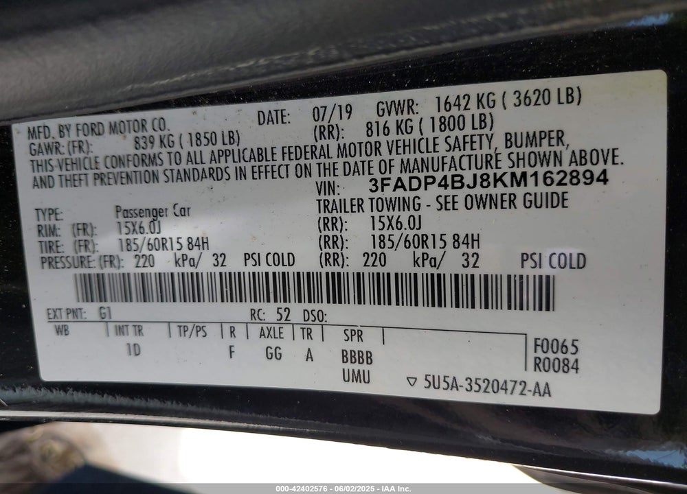 2019 FORD FIESTA SE VIN: 3FADP4BJ8KM162894
