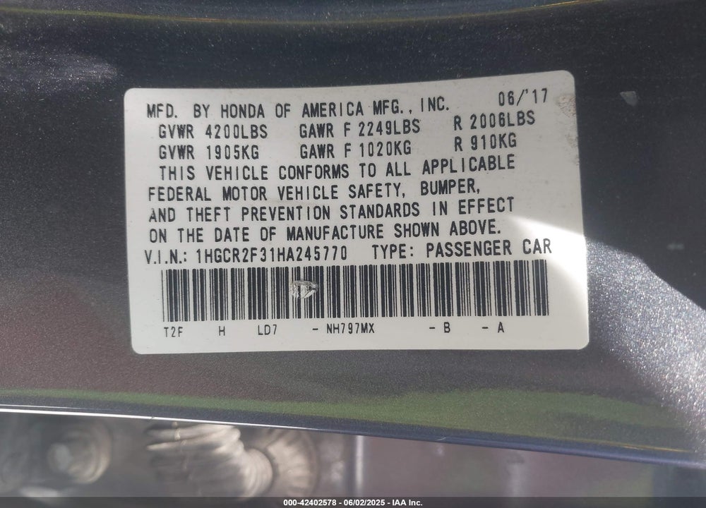 2017 HONDA ACCORD VIN: 1HGCR2F31HA245770