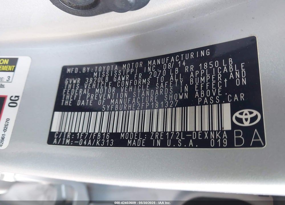2015 TOYOTA COROLLA LE VIN: 5YFBURHE2FP181327