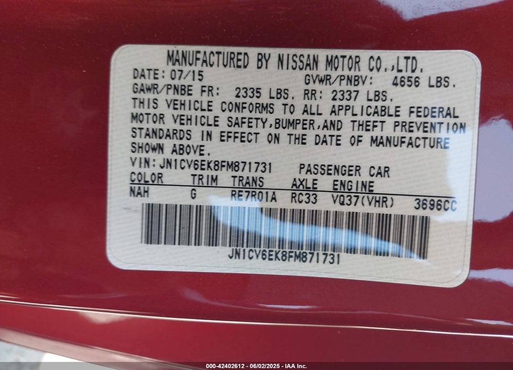 2015 INFINITI Q60 VIN: JN1CV6EK8FM871731
