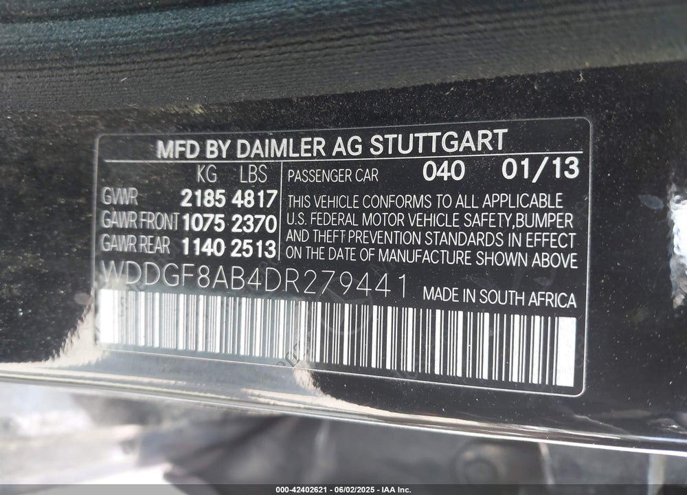 2013 MERCEDES-BENZ C CLASS VIN: WDDGF8AB4DR279441
