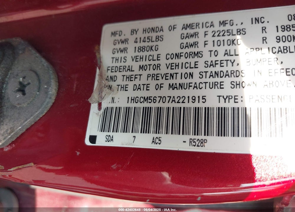 2007 HONDA ACCORD 2.4 EX VIN: 1HGCM56707A221915