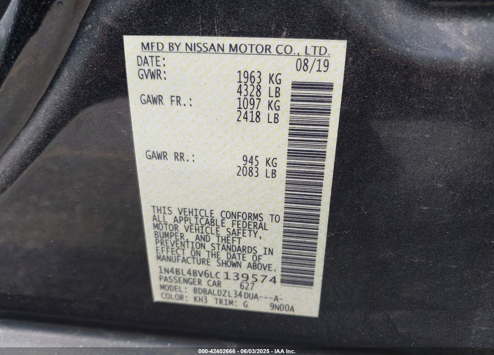 2020 NISSAN ALTIMA VIN: 1N4BL4BV6LC139574