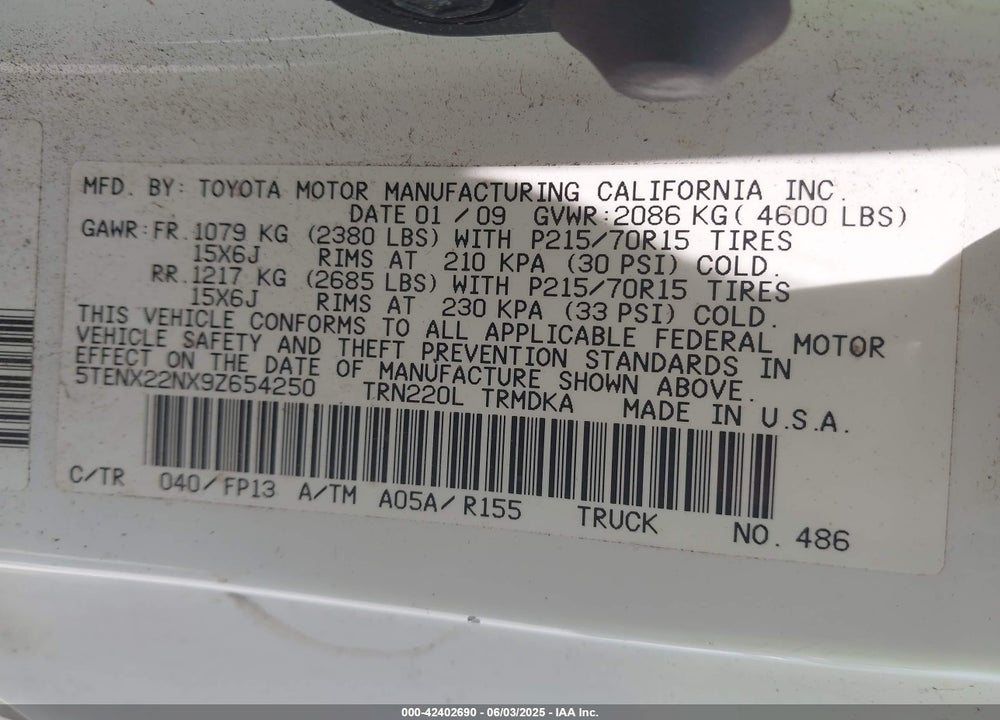 2009 TOYOTA TACOMA VIN: 5TENX22NX9Z654250