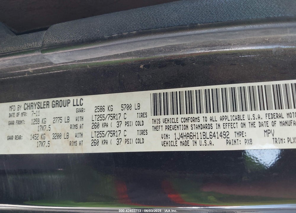 2011 JEEP WRANGLER UNLIMITED VIN: 1J4HA6H11BL641492