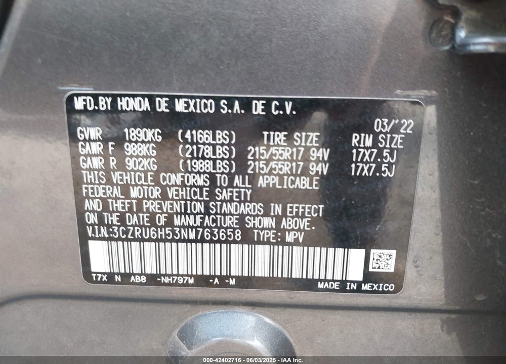 2022 HONDA HR-V VIN: 3CZRU6H53NM763658