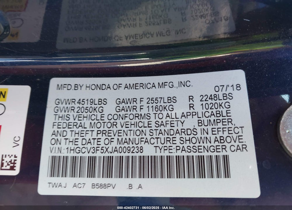 2018 HONDA ACCORD VIN: 1HGCV3F5XJA009238