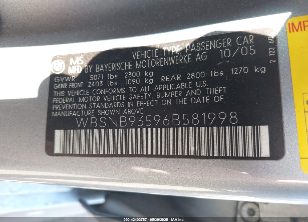 2006 BMW M5 VIN: WBSNB93596B581998