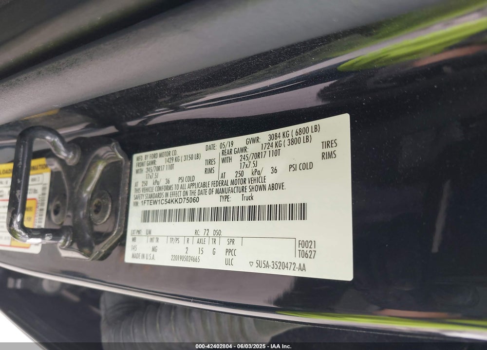 2019 FORD F-150 VIN: 1FTEW1C54KKD75060
