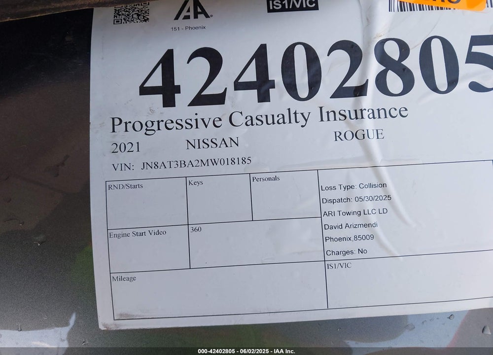 2021 NISSAN ROGUE VIN: JN8AT3BA2MW018185