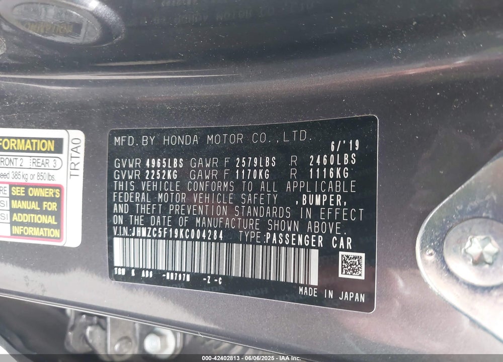 2019 HONDA CLARITY PLUG-IN HYBRID VIN: JHMZC5F19KC004284
