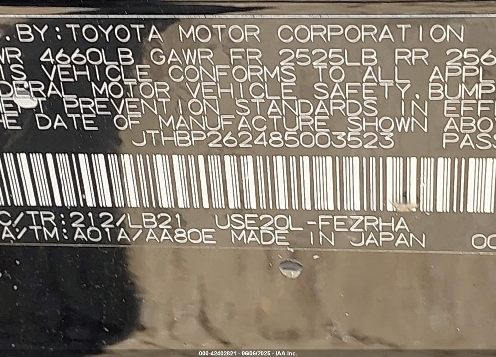 2008 LEXUS IS F VIN: JTHBP262485003523