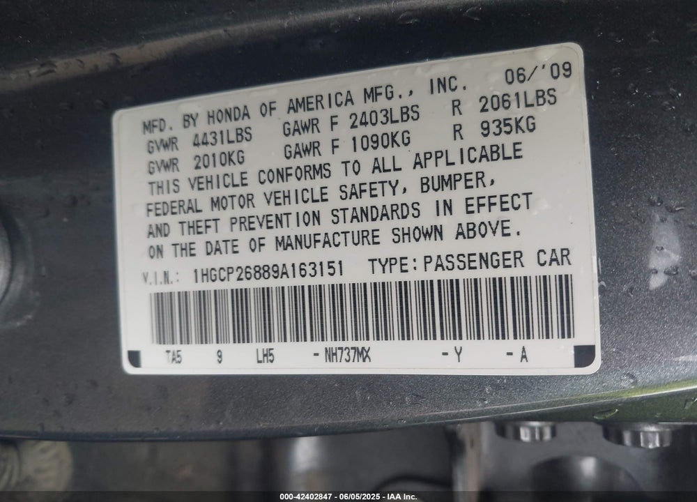 2009 HONDA ACCORD VIN: 1HGCP26889A163151