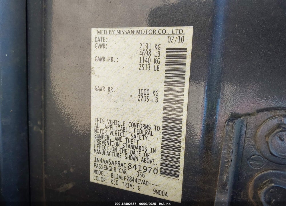 2010 NISSAN MAXIMA VIN: 1N4AA5AP8AC841970