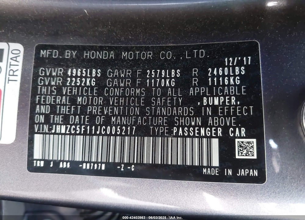 2018 HONDA CLARITY PLUG-IN HYBRID VIN: JHMZC5F11JC005217