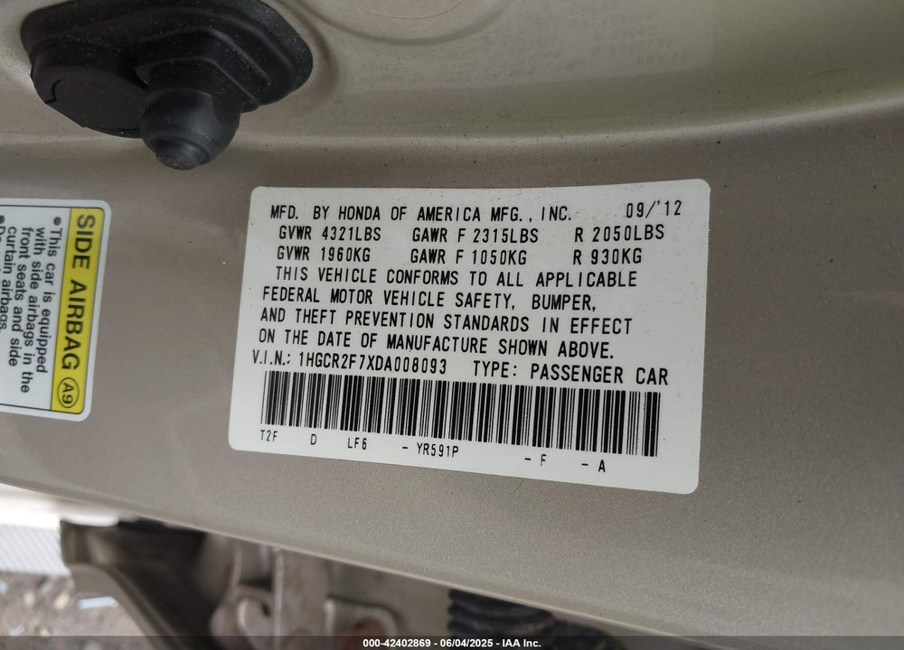 2013 HONDA ACCORD VIN: 1HGCR2F7XDA008093
