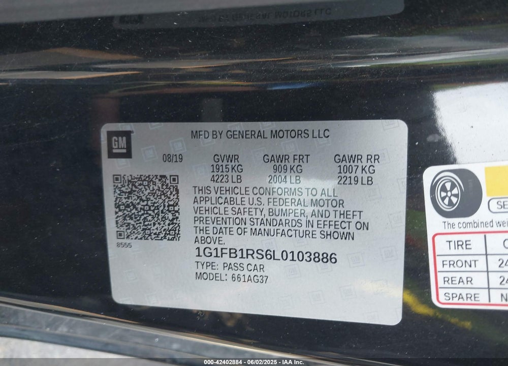 2020 CHEVROLET CAMARO VIN: 1G1FB1RS6L0103886