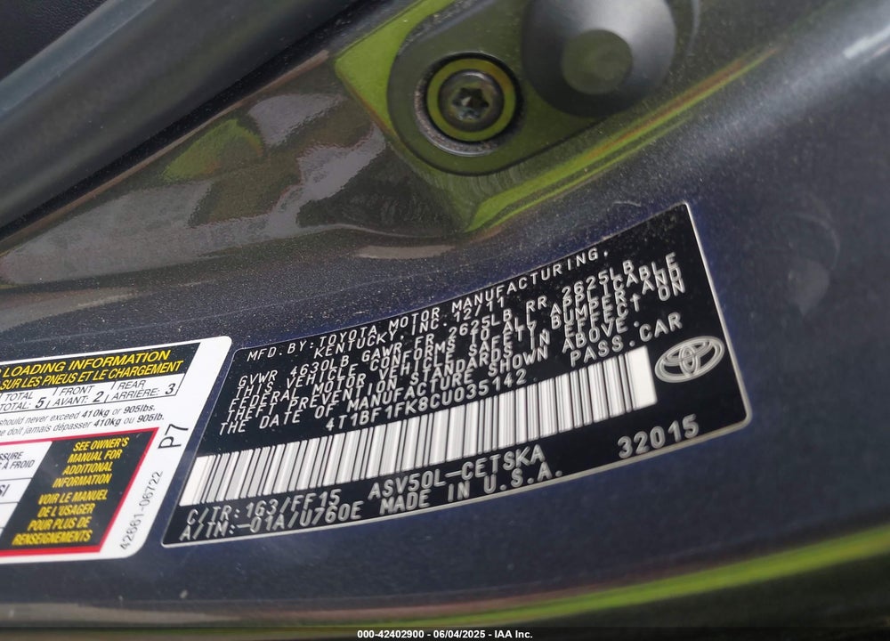 2012 TOYOTA CAMRY VIN: 4T1BF1FK8CU035142