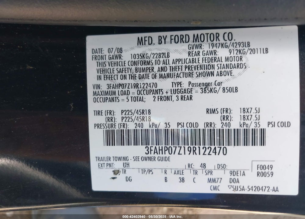 2009 FORD FUSION SE VIN: 3FAHP07Z19R122470
