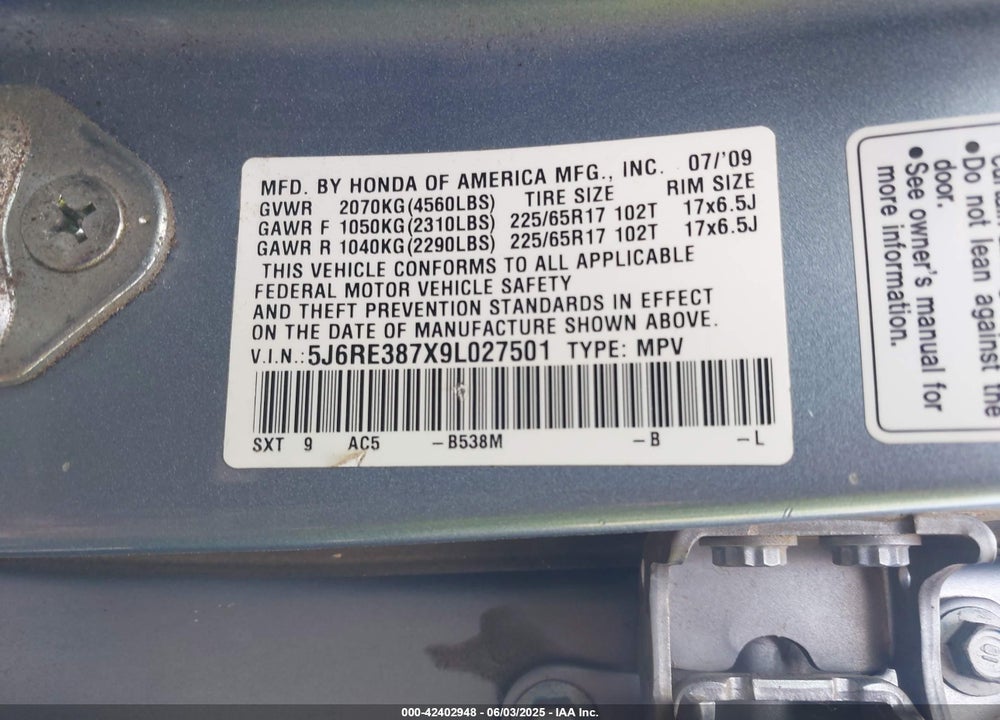 2009 HONDA CR-V VIN: 5J6RE387X9L027501