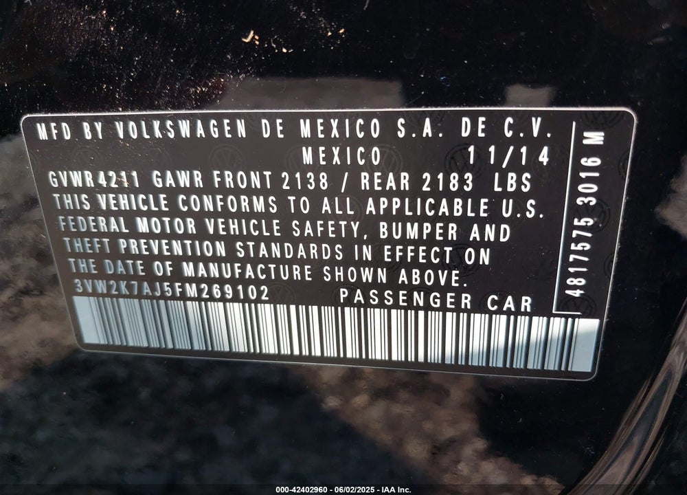 2015 VOLKSWAGEN JETTA VIN: 3VW2K7AJ5FM269102