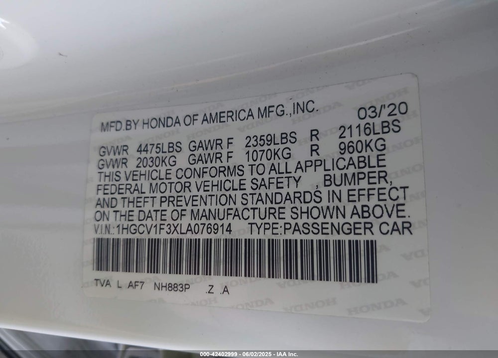 2020 HONDA ACCORD SPORT VIN: 1HGCV1F3XLA076914