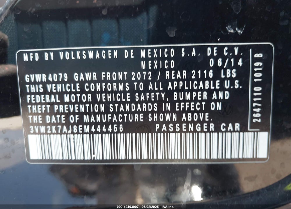 2014 VOLKSWAGEN JETTA 2.0L S VIN: 3VW2K7AJ8EM444456
