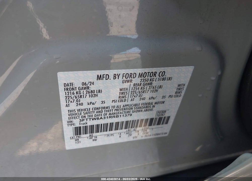 2024 FORD MAVERICK XL VIN: 3FTTW8A31RRB11379
