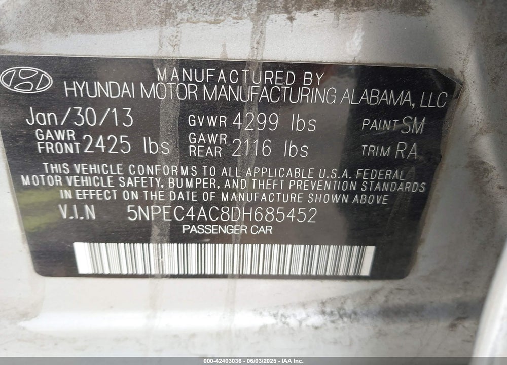 2013 HYUNDAI SONATA VIN: 5NPEC4AC8DH685452