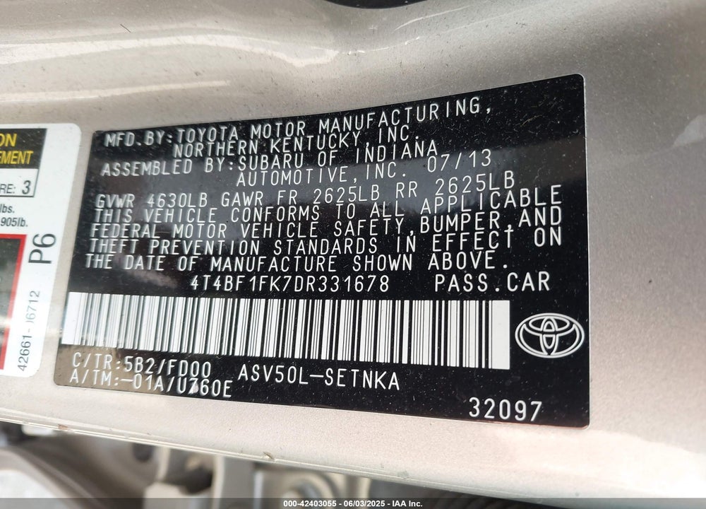 2013 TOYOTA CAMRY VIN: 4T4BF1FK7DR331678