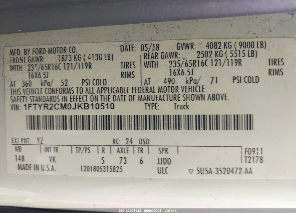 2018 FORD TRANSIT-250 VIN: 1FTYR2CM0JKB10510