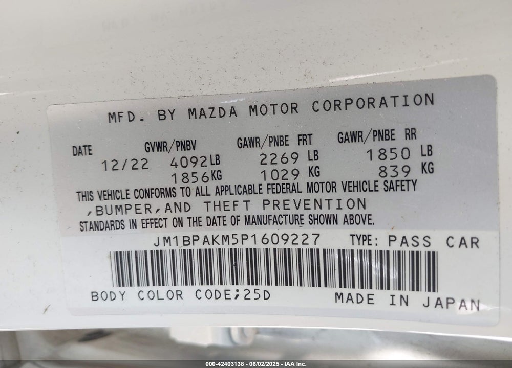 2023 MAZDA 3 VIN: JM1BPAKM5P1609227
