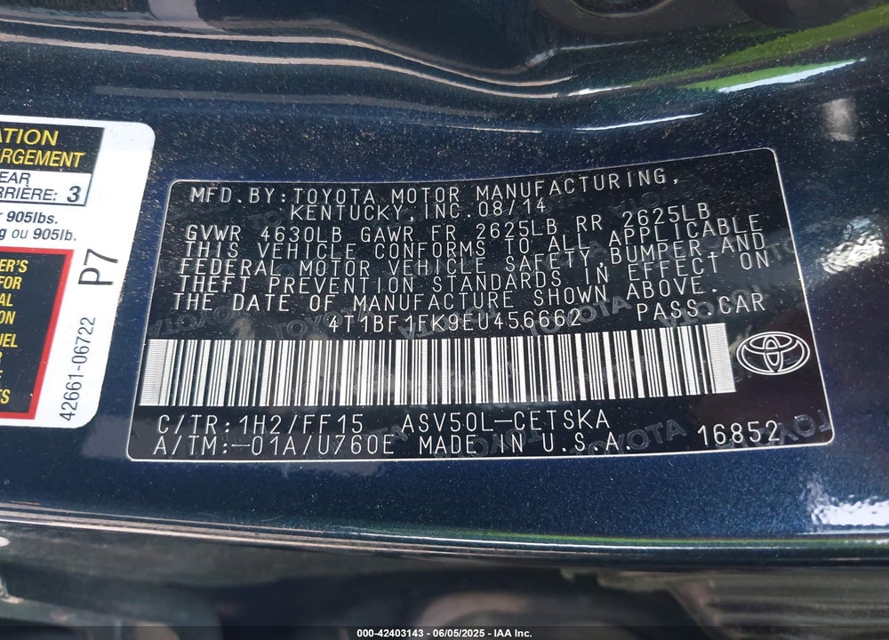 2014 TOYOTA CAMRY SE VIN: 4T1BF1FK9EU456662