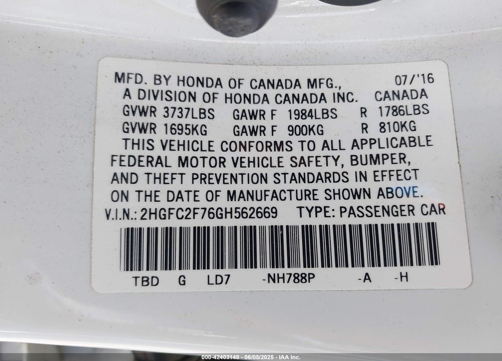 2016 HONDA CIVIC VIN: 2HGFC2F76GH562669