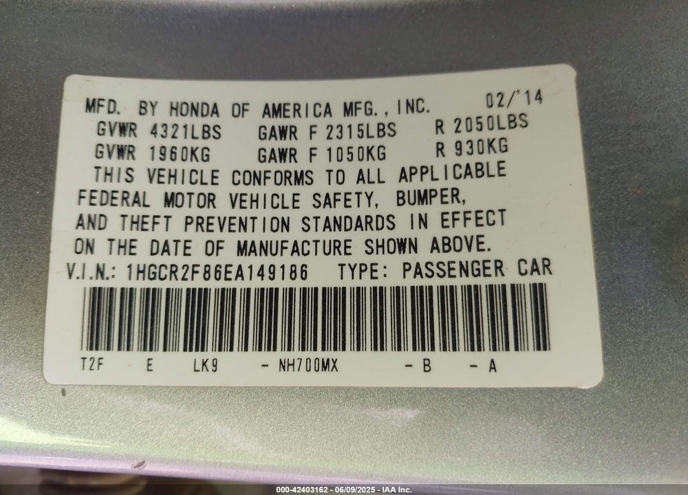 2014 HONDA ACCORD VIN: 1HGCR2F86EA149186