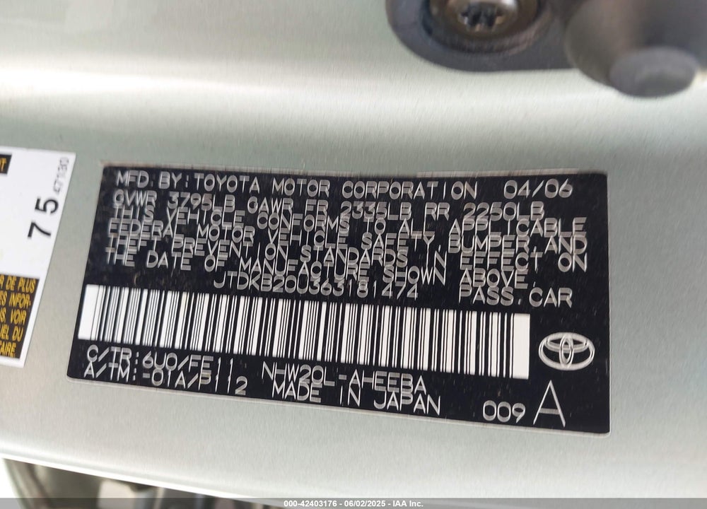2006 TOYOTA PRIUS VIN: JTDKB20U363181474
