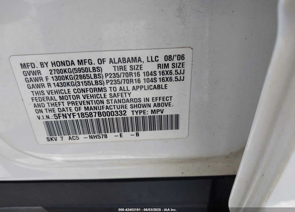 2007 HONDA PILOT VIN: 5FNYF18587B000332