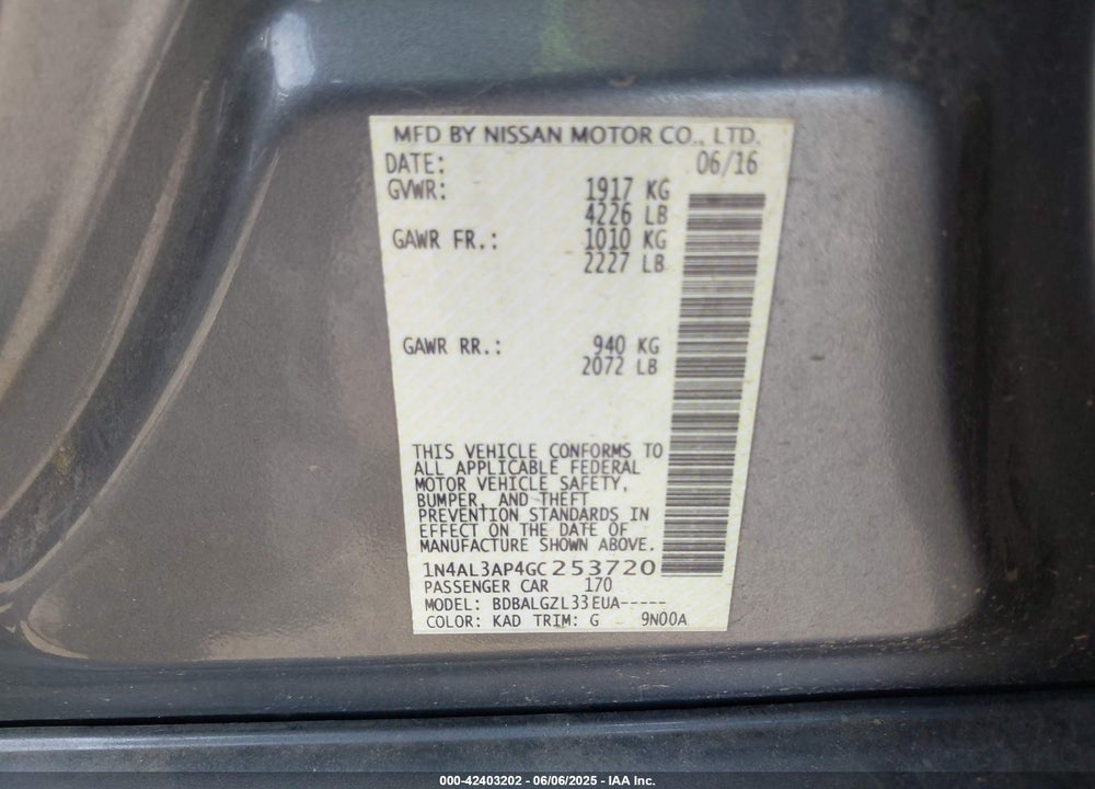 2016 NISSAN ALTIMA VIN: 1N4AL3AP4GC253720