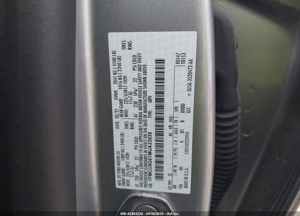 2021 FORD ESCAPE VIN: 1FMCU9G61MUA33938