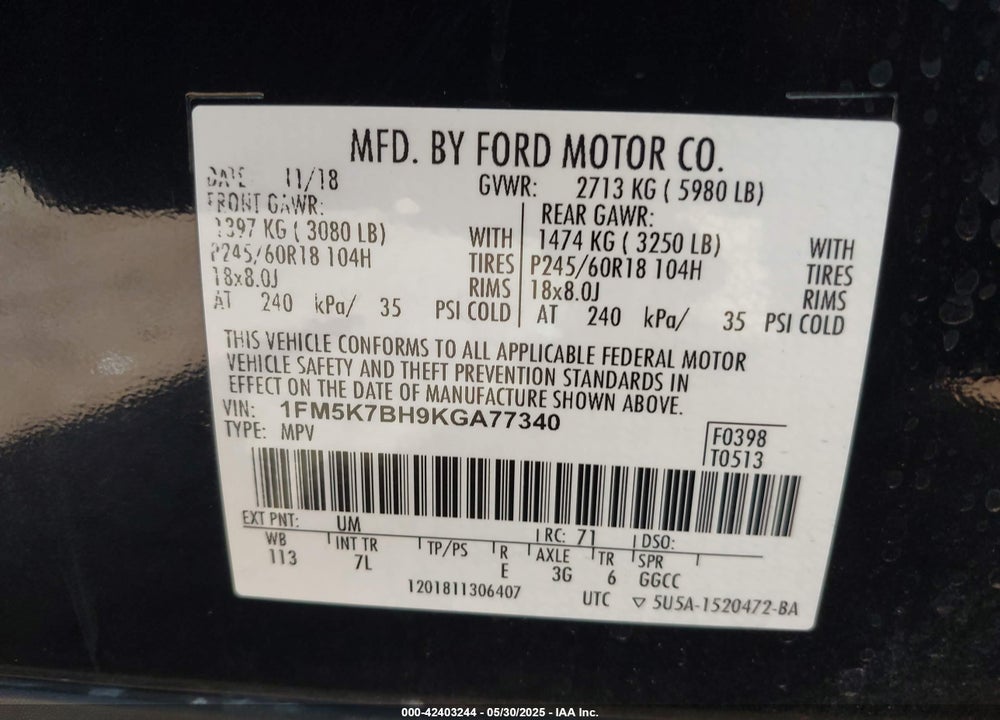 2019 FORD EXPLORER VIN: 1FM5K7BH9KGA77340