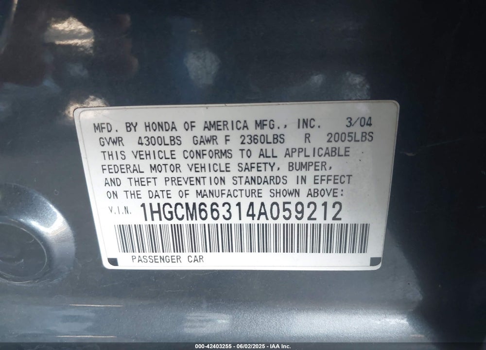 2004 HONDA ACCORD VIN: 1HGCM66314A059212