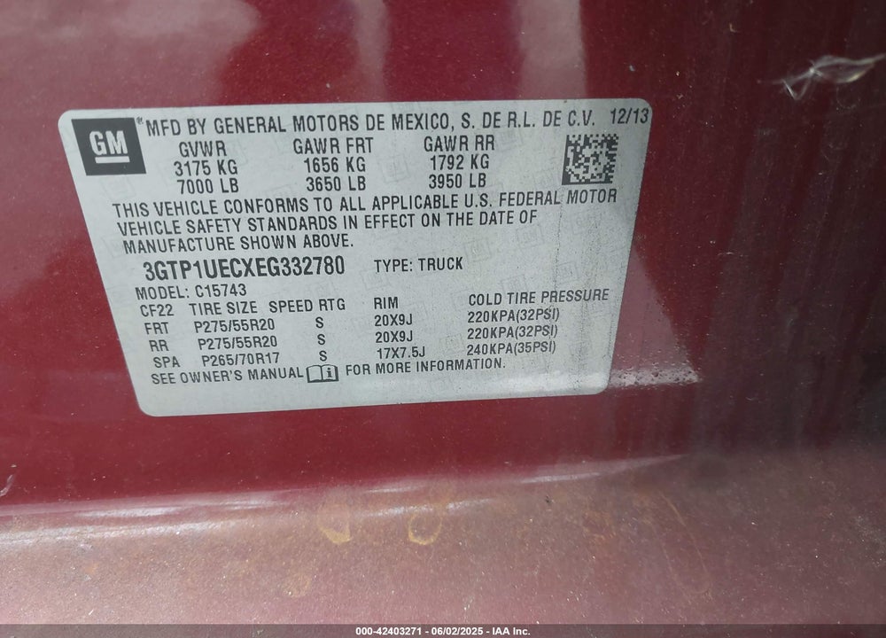 2014 GMC SIERRA 1500 VIN: 3GTP1UECXEG332780