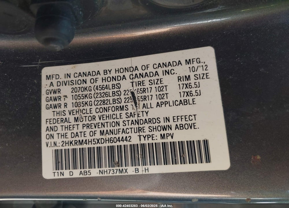 2013 HONDA CR-V EX VIN: 2HKRM4H5XDH604442