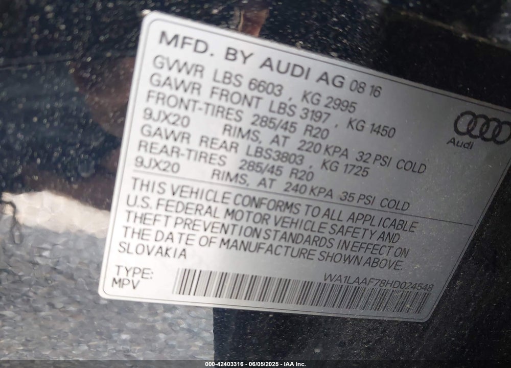 2017 AUDI Q7 VIN: WA1LAAF78HD024548