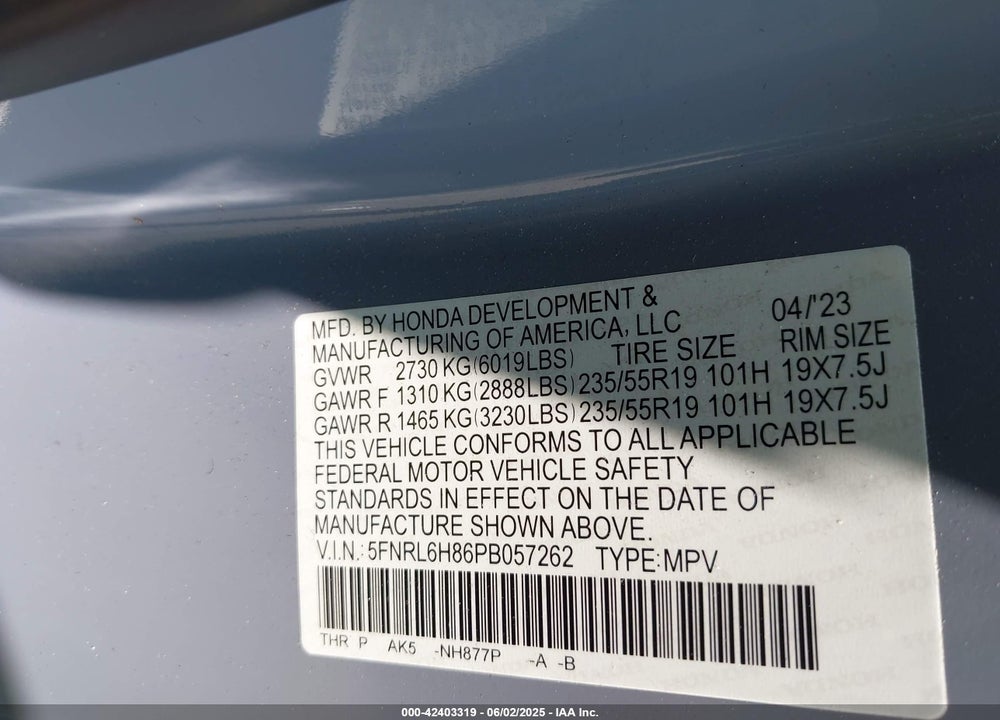 2023 HONDA ODYSSEY VIN: 5FNRL6H86PB057262
