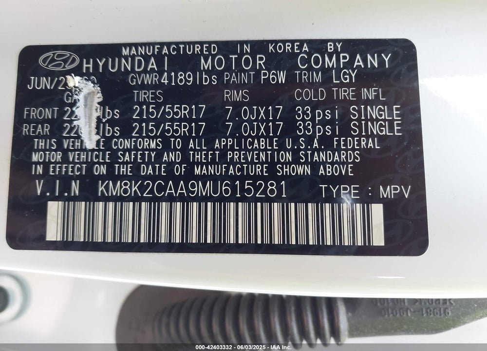 2021 HYUNDAI KONA VIN: KM8K2CAA9MU615281